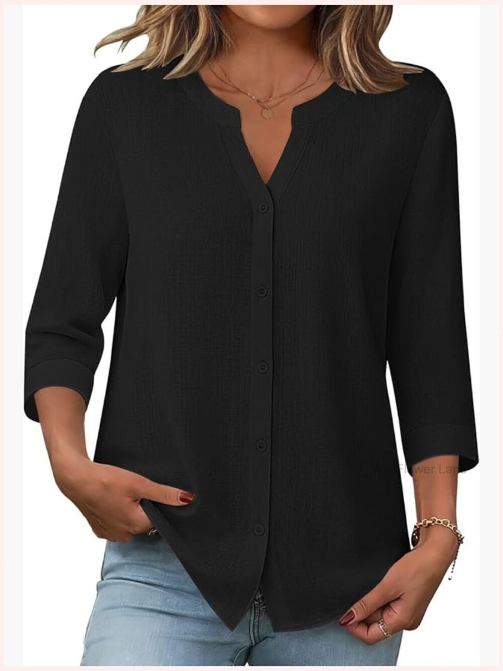 Women's 3/4 Sleeve Button Down Linen Cotton Blend Blouse Top